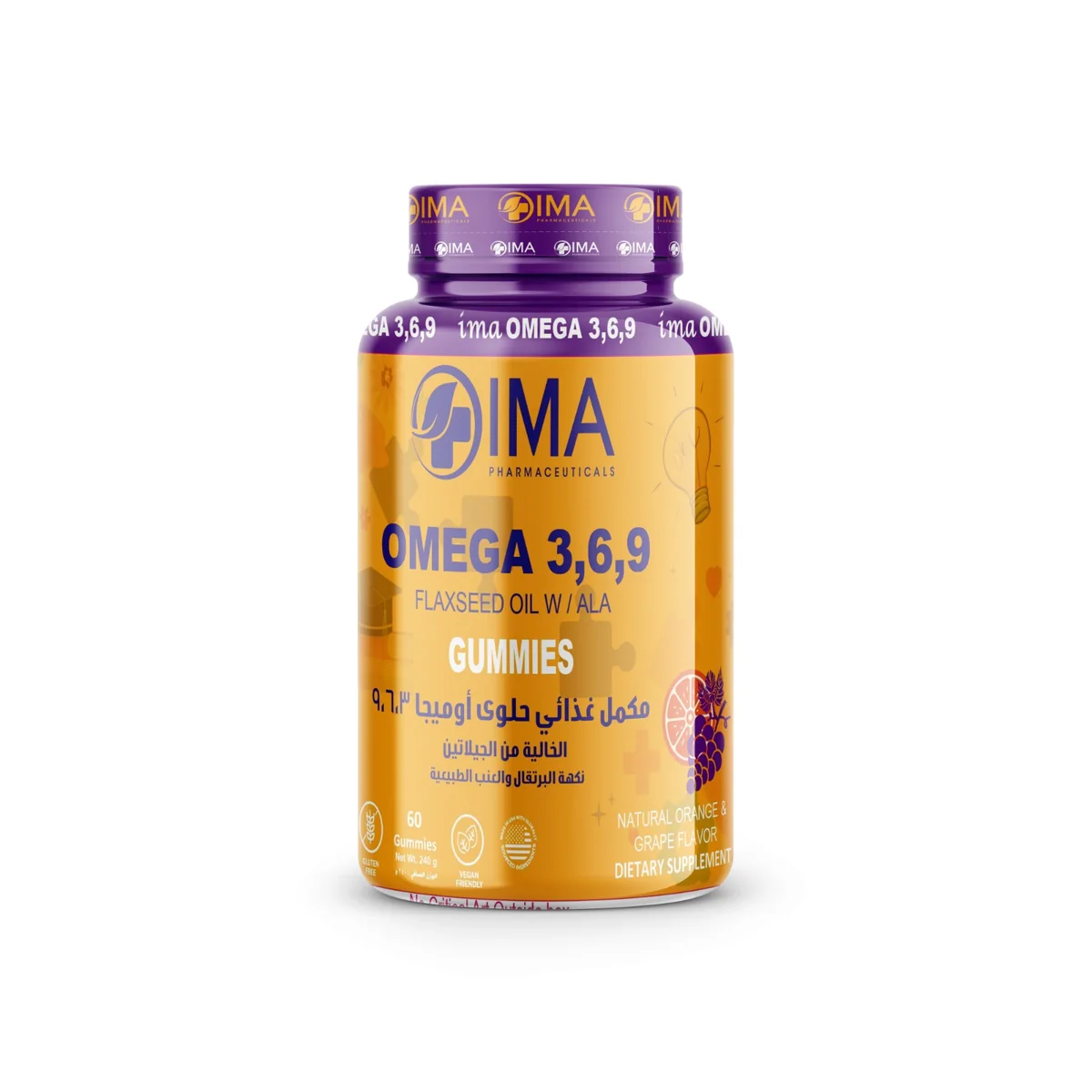 IMA Omega 3 6 9 gummies, gelatin-free, 60-count bottle, front of pack