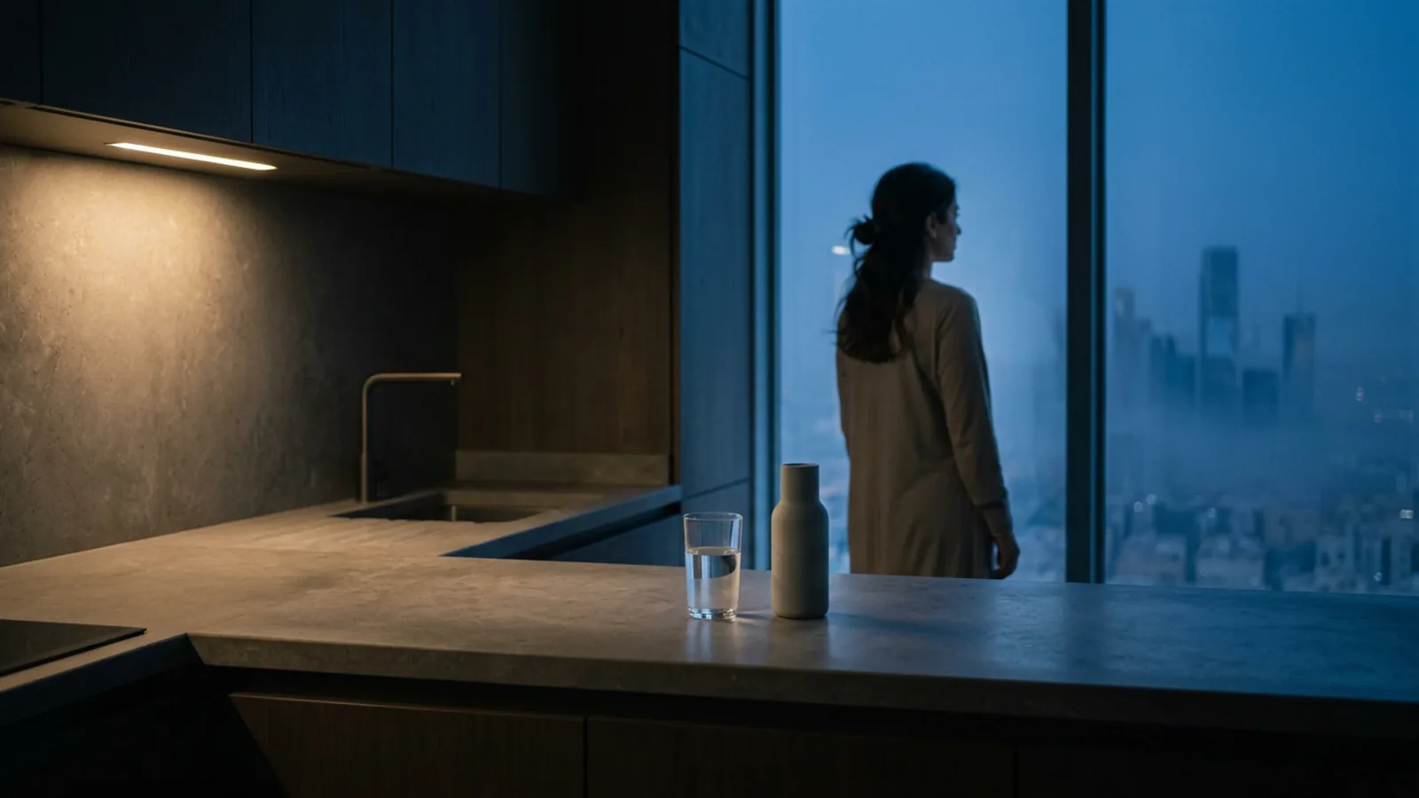 A woman by a window in morning light, holding the bottle in one hand