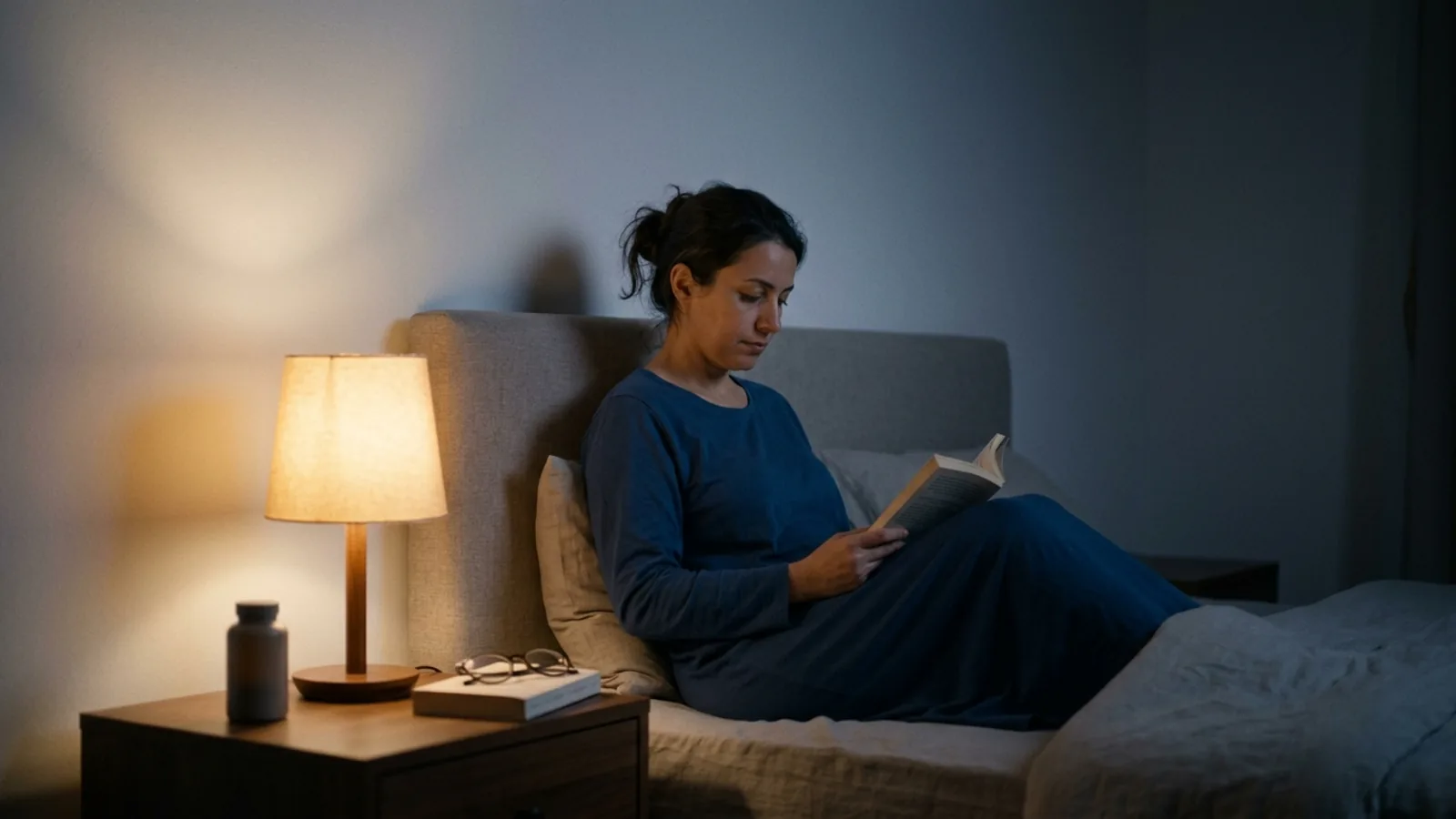 A woman at a bright kitchen counter, coffee in one hand, early morning